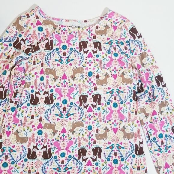 LANDS END Girsl Holiday Ivory Forest Animal Colorfull Tunic Dress Medium 10-12 - Picture 7 of 10
